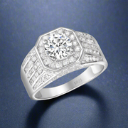 Apollo Octa 925 Sterling Silver Men's Ring with a single large cubic zirconia surrounded by smaller cubic zircons, set in a white gold-colored band.